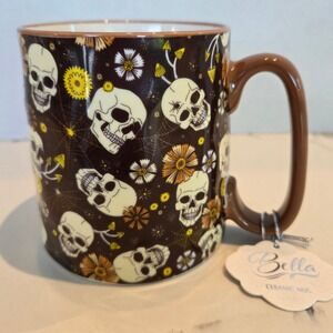 10 Strawberry Street Ceramic Skull Coffee Mug Halloween Flowers Brown Accent NEW